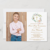 First Holy Communion Gold Cross Floral Photo 招待状 (正面)