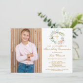 First Holy Communion Gold Cross Floral Photo 招待状 (スタンド正面)