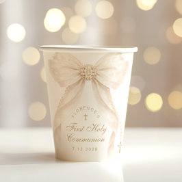 First Holy Communion Gold Cross Ivory Bow 紙コップ