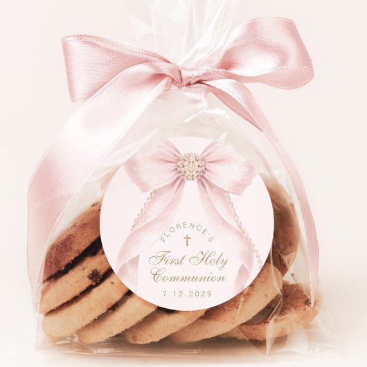 First Holy Communion Gold Cross Pink Bow ラウンドシール
