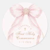 First Holy Communion Gold Cross Pink Bow ラウンドシール (正面)