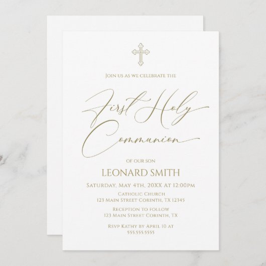 First Holy Communion gold Invitation 招待状 (正面/裏面)