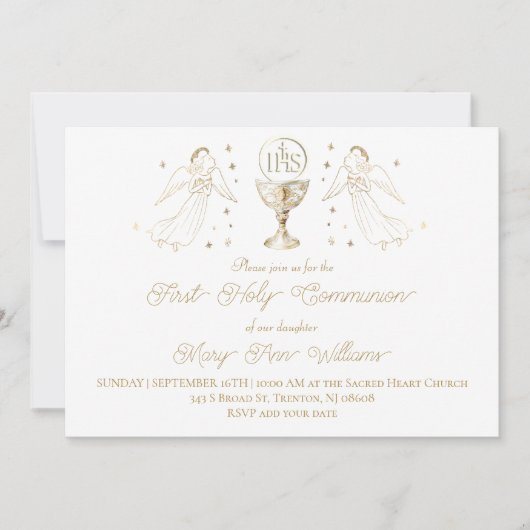 First Holy Communion golden angels Chalice Host 招待状 (正面)