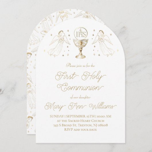 First Holy Communion golden angels Invitation 招待状 (正面/裏面)
