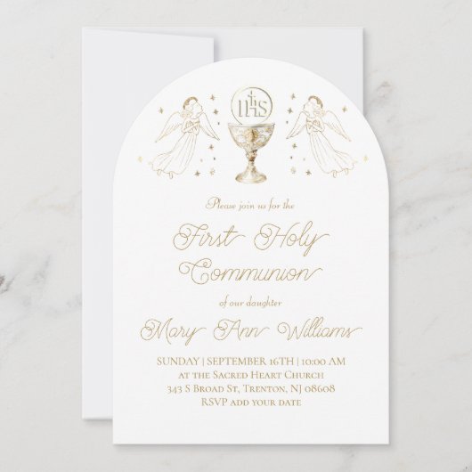 First Holy Communion golden angels Invitation 招待状 (正面)