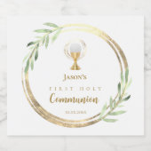 First Holy Communion golden circle green leaves スパークリングワインラベル (シングルラベル)