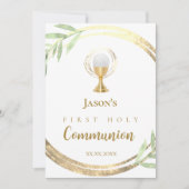 First Holy Communion golden circle green leaves 招待状 (正面)