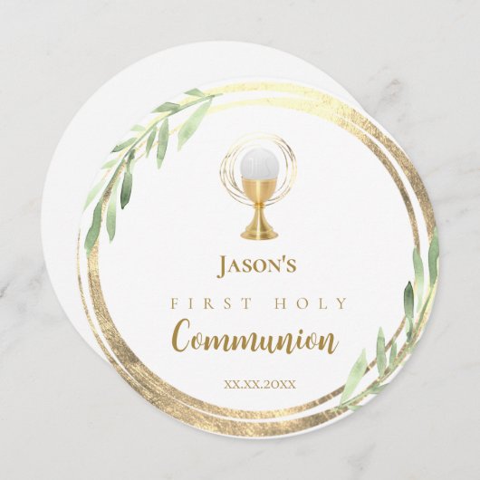 First Holy Communion golden circle green leaves 招待状 (正面/裏面)