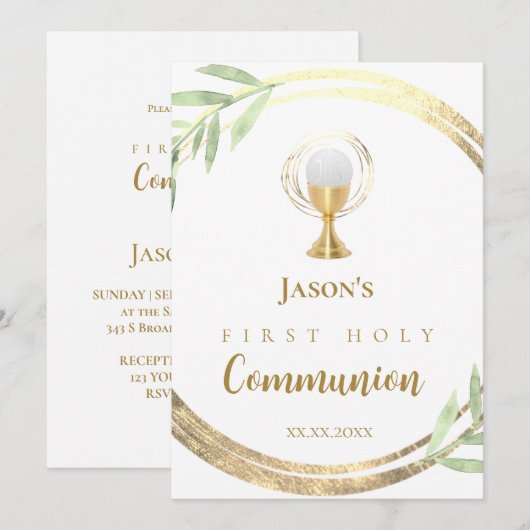First Holy Communion golden circle green leaves 招待状 (正面/裏面)