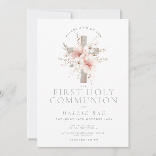 First Holy Communion Invitation, Floral Cross 招待状 (正面)