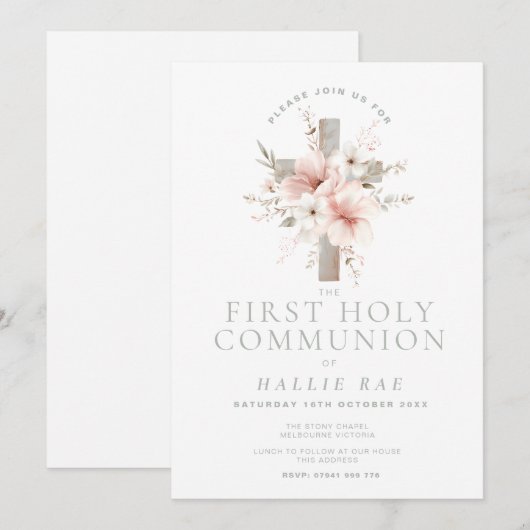 First Holy Communion Invitation, Floral Cross 招待状 (正面/裏面)