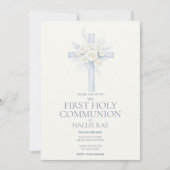 First Holy Communion Invite, Blue Floral Cross 招待状 (正面)