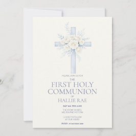 First Holy Communion Invite, Blue Floral Cross 招待状