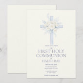 First Holy Communion Invite, Blue Floral Cross 招待状 (正面/裏面)