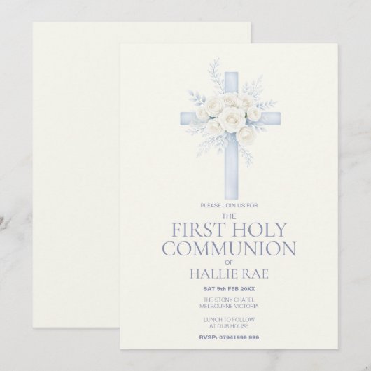 First Holy Communion Invite, Blue Floral Cross 招待状 (正面/裏面)