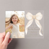 First Holy Communion Ivory Bow Pearls Photo アクリル招待状 (インサイチュ (ポータブル))