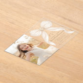 First Holy Communion Ivory Bow Pearls Photo アクリル招待状 (レイダウン)