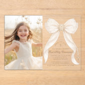 First Holy Communion Ivory Bow Pearls Photo アクリル招待状 (正面)