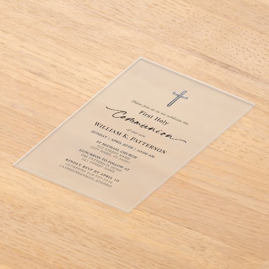 First Holy Communion Modern Elegant Frosted アクリル招待状 (レイダウン)