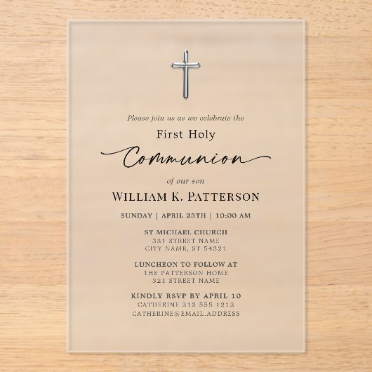 First Holy Communion Modern Elegant Frosted アクリル招待状 (正面)