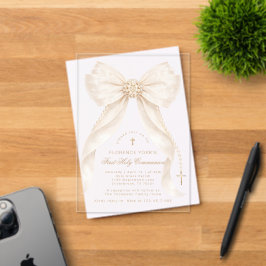 First Holy Communion Neutral Bow Pearls Gold アクリル招待状