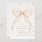 First Holy Communion Neutral Bow Pearls Gold 招待状 (正面)