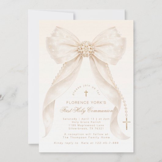 First Holy Communion Neutral Bow Pearls Gold 招待状 (正面)