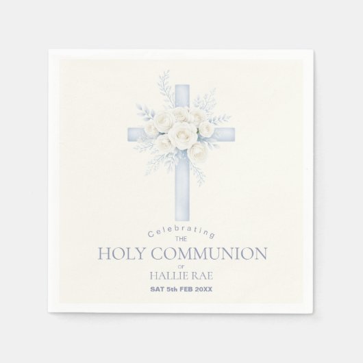 First Holy Communion Paper Napkins, Floral Cross スタンダードカクテルナプキン (正面)