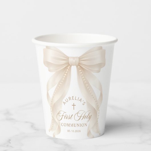 First Holy Communion Pearl Bow Paper Cups 紙コップ (正面)