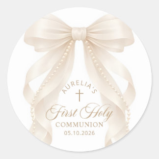 First Holy Communion Pearl Bow Sticker ラウンドシール