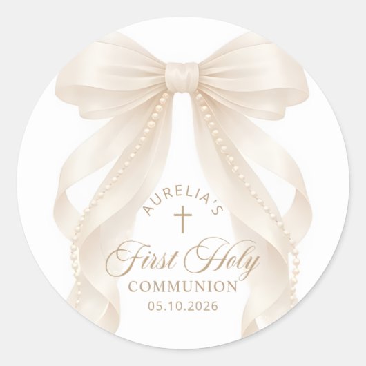 First Holy Communion Pearl Bow Sticker ラウンドシール (正面)