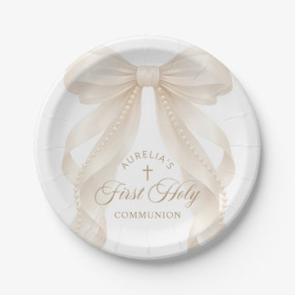 First Holy Communion Pearls Bow Paper Plates ペーパープレート