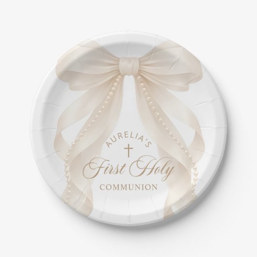 First Holy Communion Pearls Bow Paper Plates ペーパープレート (正面)