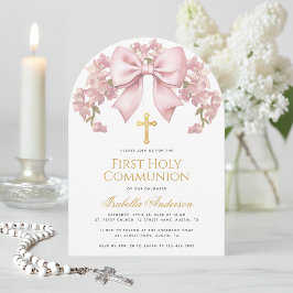 First Holy Communion Pink Bow Floral Elegant Girl 招待状