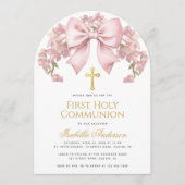 First Holy Communion Pink Bow Floral Elegant Girl 招待状 (正面)