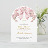 First Holy Communion Pink Bow Floral Elegant Girl 招待状 (スタンド正面)