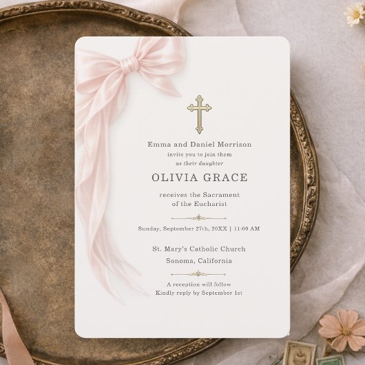 First Holy Communion Pink Bow Girl  招待状