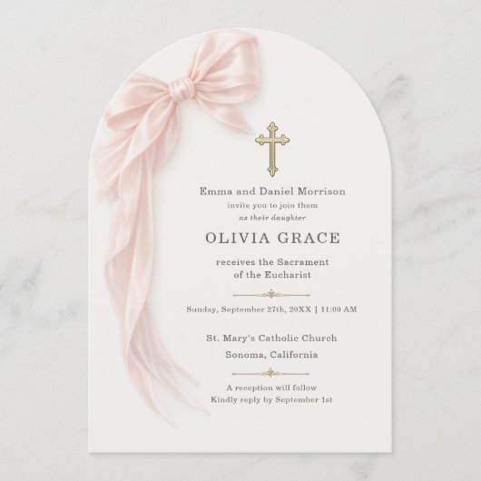 First Holy Communion Pink Bow Girl  招待状 (正面)