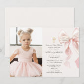 First Holy Communion Pink Bow Girl Photo 招待状 (正面/裏面)
