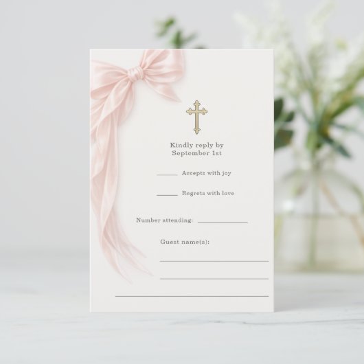 First Holy Communion Pink Bow Girl RSVP 招待状 (スタンド正面)