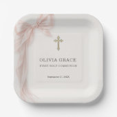 First Holy Communion Pink Coquette Bow Girl ペーパープレート (正面)