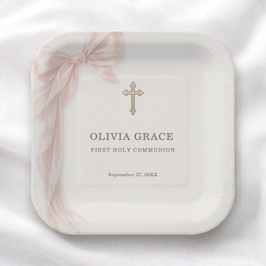 First Holy Communion Pink Coquette Bow Girl ペーパープレート