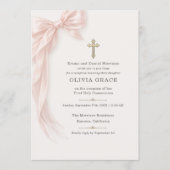 First Holy Communion Reception Pink Bow Girl 招待状 (正面)