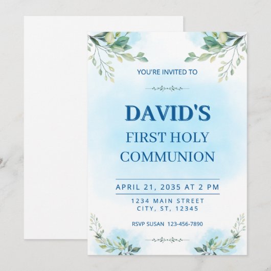 First Holy Communion Watercolor Greenery Blue  招待状 (正面/裏面)