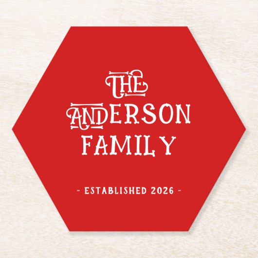 First Home Housewarming Typography Year Red White  ペーパーコースター (正面)