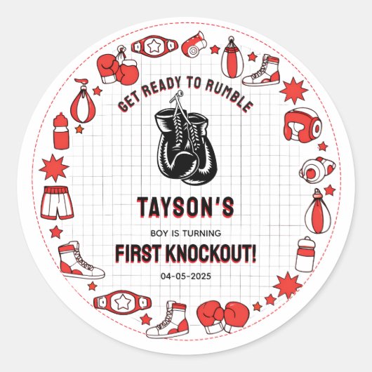 First Knockout Boxing 1歳の誕生日 - 楽しい子供たち ラウンドシール (正面)