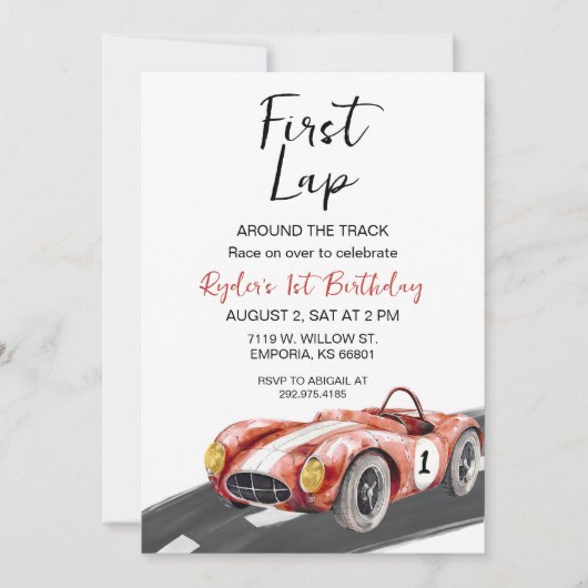 First Lap レースカー 1歳の誕生日招待状 招待状 (正面)