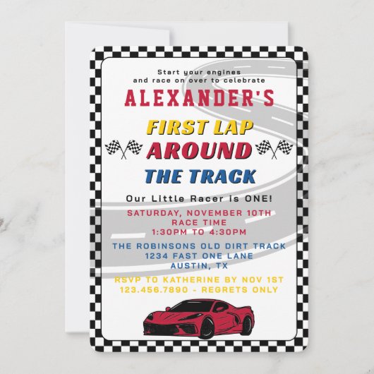 First Lap Around The Track Boys 1st Birthday Party 招待状 (正面)