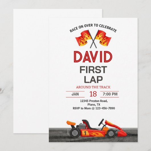 First Lap Around The Track Race Car 1st Birthday 招待状 (正面/裏面)