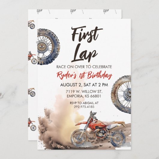 First Lap Little Racer 1st Birthday 招待状 (正面/裏面)